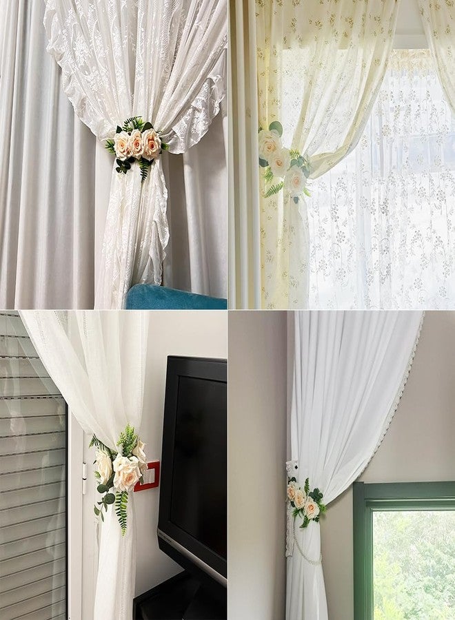 EHERDM 2pcs Flowers Curtain Tiebacks Strong Magnetic Champagne Artificial Rose Curtain Holdbacks for Curtains Drapes Window Fancy Curtain Buckle Strap for Home Bedroom Decorative - Image 2
